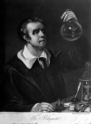 An alchemist peering into a glass vessel. Mezzotint by F.R. Say, 1819, after J. Northcote.