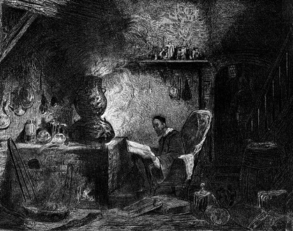 An alchemist reading in a smoky study. Etching by A. Bouquet after L-G-E. Isabey.