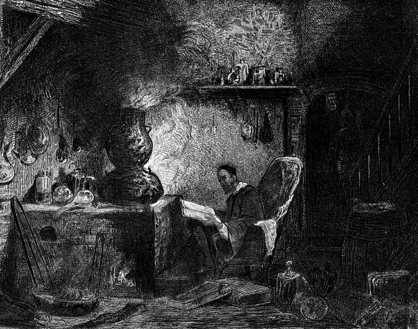 An alchemist reading in a smoky study. Etching by A. Bouquet after L-G-E. Isabey.