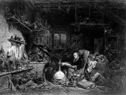 An alchemist reading in a shadowy laboratory. Lithograph by C.F. Nantueil-Leboeuf after L-G-E. Isabey.