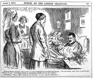 view Cartoon: woman-surgeon and suffragette, by Wallis Mills, 1915