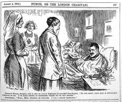 Cartoon: woman-surgeon and suffragette, by Wallis Mills, 1915