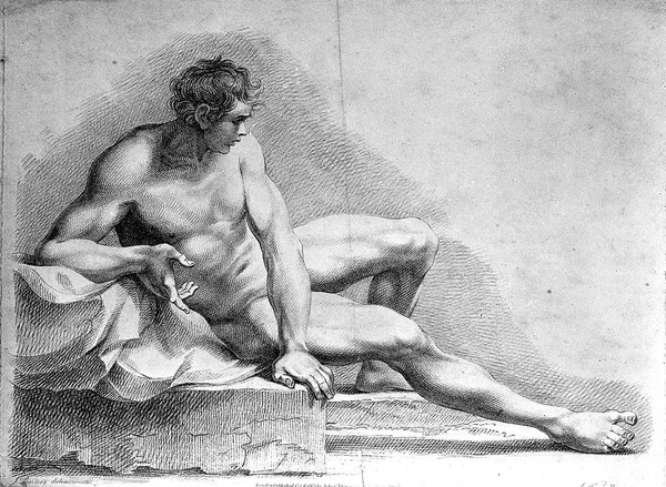 A seated male nude with right leg stretched out. Crayon manner print by J. Whessell, 1803, after J. Barney.