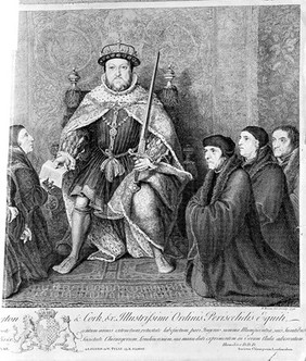 Henry VIII presenting document of union, 1540, after Holbein