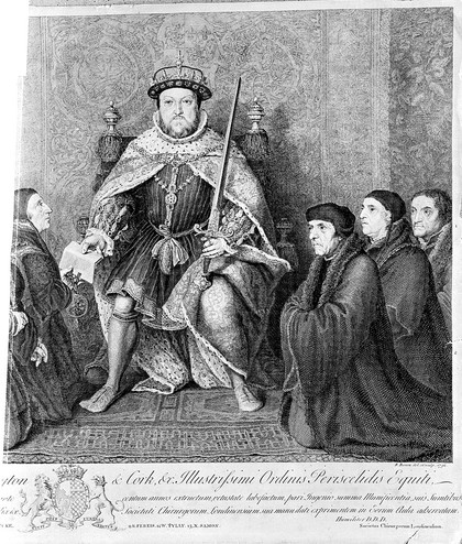 Henry VIII presenting document of union, 1540, after Holbein