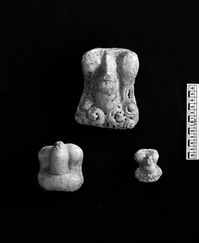 Votive offerings in the form of male genitals. Apparently terracotta.