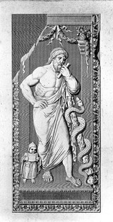 An ivory diptych containing sculptures of Aesculapius with Telesphorus and of Hygieia with Cupid. Engraving by R. Morghen.