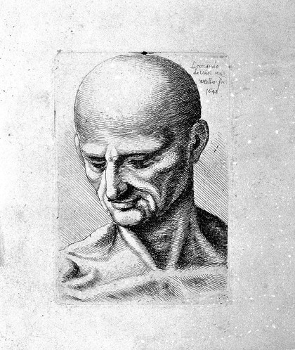 Bust of a lean male, looking down to his lower right. Etching by Wenceslaus Hollar after Leonardo da Vinci, 1648.