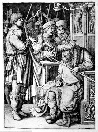 David playing his harp for a disgruntled Saul in front of a crowd of courtiers and soldiers. Engraving after L. van Leyden, 1508.