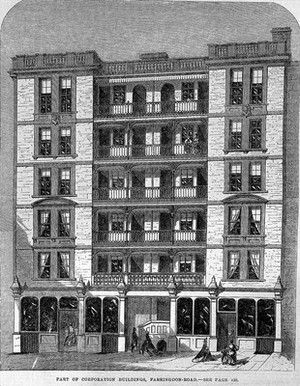 view Dwellings for the poor. Part of the Corporation Buildings, Farringdon Road, London