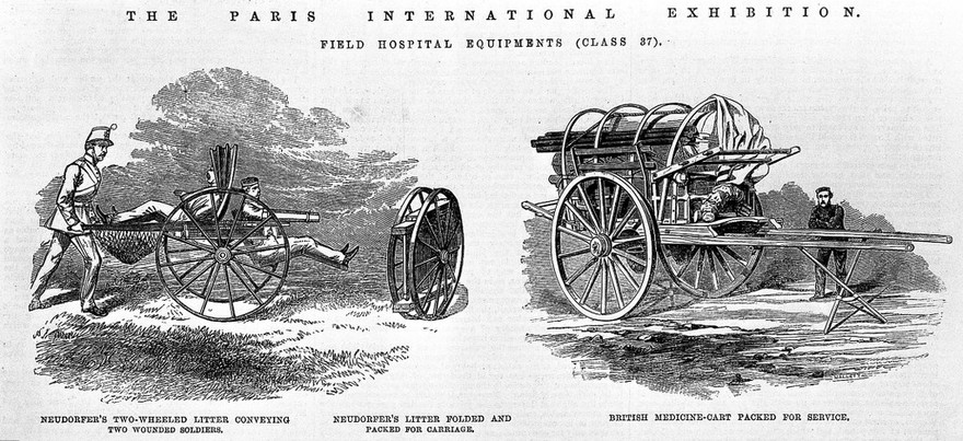 Neudorfer's two-wheeled litter with two wounded soldiers.