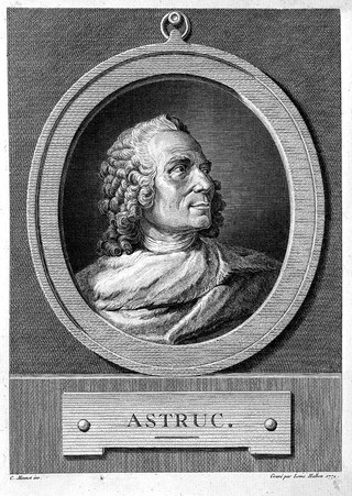 Jean Astruc. Line engraving by L. Halbou, 1771, after C. Monnet.