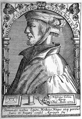 Henricus Cornelius Agrippa von Nettesheim. Line engraving, 1645, after T. de Bry.