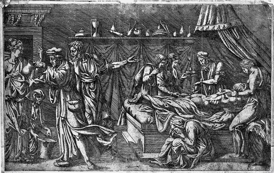 A surgeon applying the method of cupping to a man's back: they are surrounded by anxious family and friends. Etching by A. Fantuzzi, ca. 1542, after G. Romano.