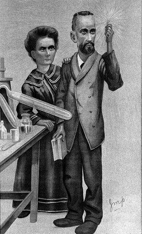 Marie and Pierre Curie, he holding up a glowing specimen of radium. Colour lithograph by Vincent Brooks, Day & Son after J. M. Price [Imp, JMP], 1904.