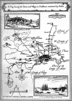 A man showing the towns and villages in Middlesex mentioned by Defoe