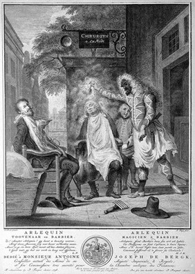 Harlequin, magician and barber: the deceived rivals. Engraving by P. Tanjé, 1758, after C. Troost, 1738.