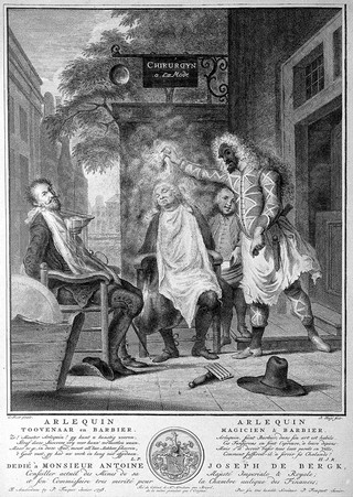 Harlequin, magician and barber: the deceived rivals. Engraving by P. Tanjé, 1758, after C. Troost, 1738.