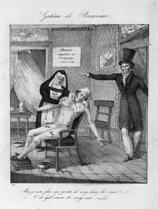 Broussais instructs a nurse to carry on bleeding a blood-besmeared patient. Coloured lithograph after V.L.