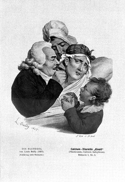 A physician administers leeches to a patient. Colour process print after L. Boilly, 1827.