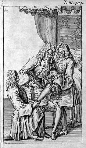 A surgeon amputating a patient's leg with a saw, he is being held in a particular position by two attendants. Engraving, 1738.