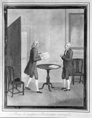 Pieter Camper correcting John Hunter's paper on the hawk. Watercolour attributed to J. Foot, 1822.