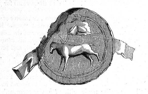 Seal of St Giles of Solop. it bears the figure of a Hind, by whose milk St Giles was supported in his desert. The squarish figure above may have denoted, but on this conjecture we do not insist; the clack-dish or alms basket with a clapper, which lepers were obliged to employ in begging charity standing "afar off", lest their touch should pollute the benevolent.