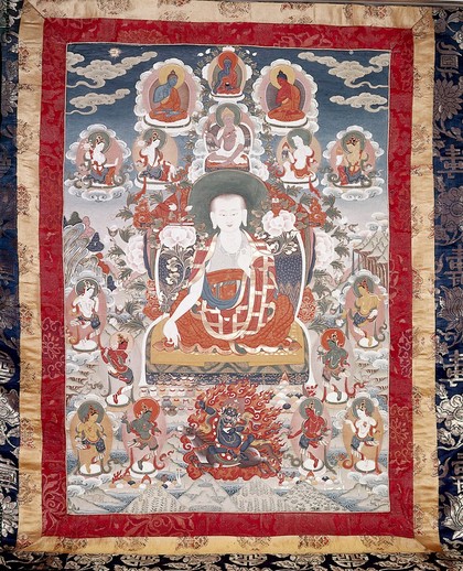 Tibetan medicine and its divine origins. Distemper painting by Chundu, 1970.
