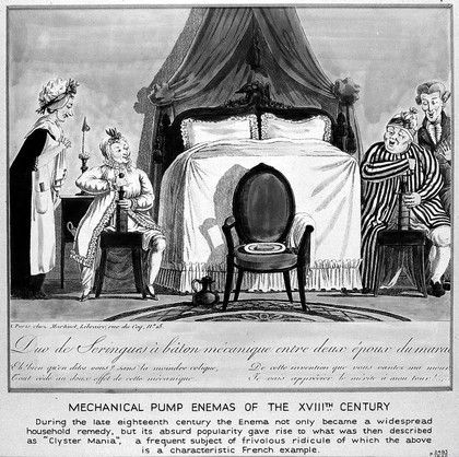 An old, rich couple enjoy the latest fad in baton-powered enemas. Coloured engraving by G. de Cari (?).