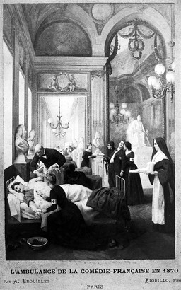 Comédie-Française, Paris: a corridor used as a hospital in the Franco-Prussian War showing nurses treating patients. Photograph by Fiorillo after A. Brouillet, 1870.