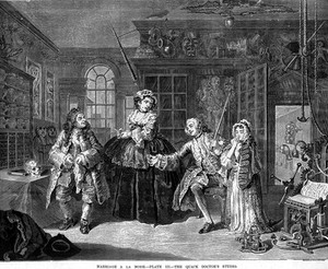 view Hogarth's Marriage a la mode, The Quack Doctor's Studio