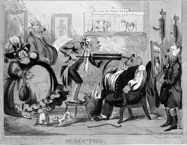 A doctor pumps the stomach of his obese seated patient while another couple wait, one who has already undergone reduction examines his deflated countenance in a mirror. Coloured etching by H. Heath, 1827.