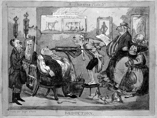 A doctor pumps the stomach of his obese seated patient while another couple wait, one who has already undergone reduction examines his deflated countenance in a mirror. Coloured etching by J.P.M. Jazet after H. Heath.