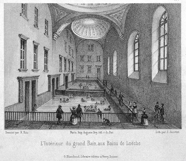 The Baths of Leuk, Leuk, Switzerland: interior. Lithograph by J. Jacottet after R. Ritz.