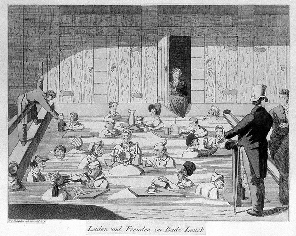 Leuk Baths, Leuk, Switzerland: interior. Coloured etching by P.C. Geissler after himself.