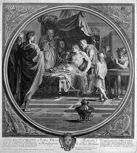 Alexander the Great demonstrates his trust in his physician Philip by drinking a medicinal draught prepared by him even after receiving a letter alleging that Philip is trying to poison him. Line engraving by B. Audran, the elder, after E. Le Sueur.