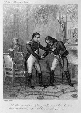 Emperor Napoleon congratulating Baron Larrey in 1813. Engraving after Steuben.