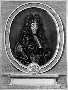 Gui Crescent Fagon. Line engraving by G. Edelinck, 1695, after H. Rigaud, 1694.