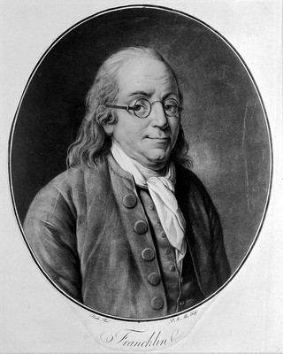 Benjamin Franklin. Colour aquatint by P. M. Alix, 1791, after C. P. A. van Loo.