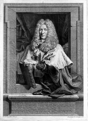 Etienne François Geoffroy. Line engraving by L. Surugue, 1737, after N. de Largillière.