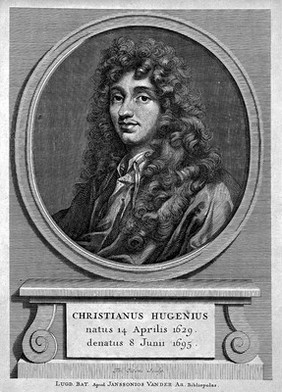 M0012033: Reproduction of a line engraving of Christiaan Huygens (1629-1695), often spelt Huyghens or Hugenius, Dutch mathematician, physicist, engineer, astronomer, and inventor