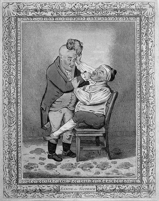 A tooth-drawer extracting a tooth from a patient who is in such pain that he pulls the tooth-drawer's wig off. Coloured etching after J. Gillray (?).