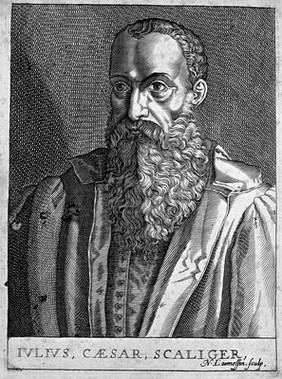 Julius Caesar Scaliger. Line engraving by N. de Larmessin, 1682, after T. de Bry.