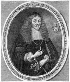 Johann Theodor Schenck, aged 52, holding a cane and a rose in his left hand. Line engraving by P. Kilian, 1671.