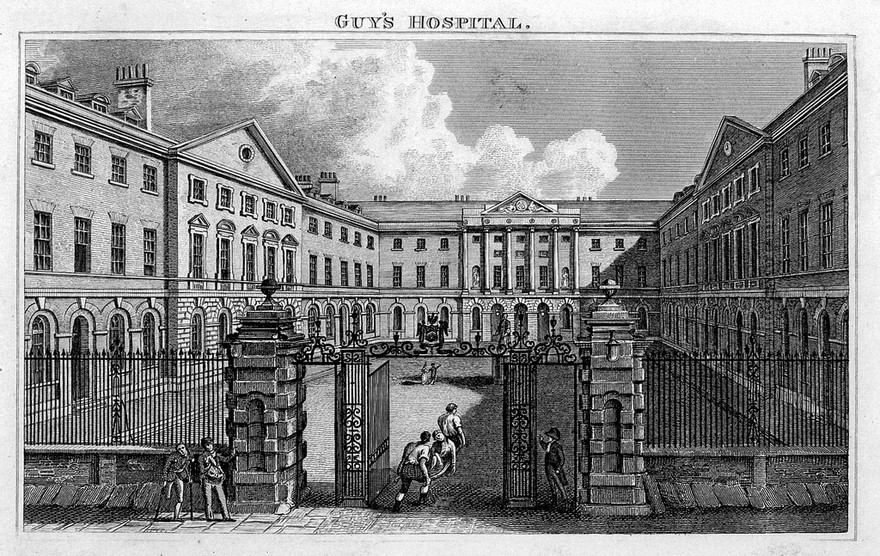 Guy's Hospital, Southwark: the entrance courtyard, with a patient being carried in on a stretcher. Engraving.