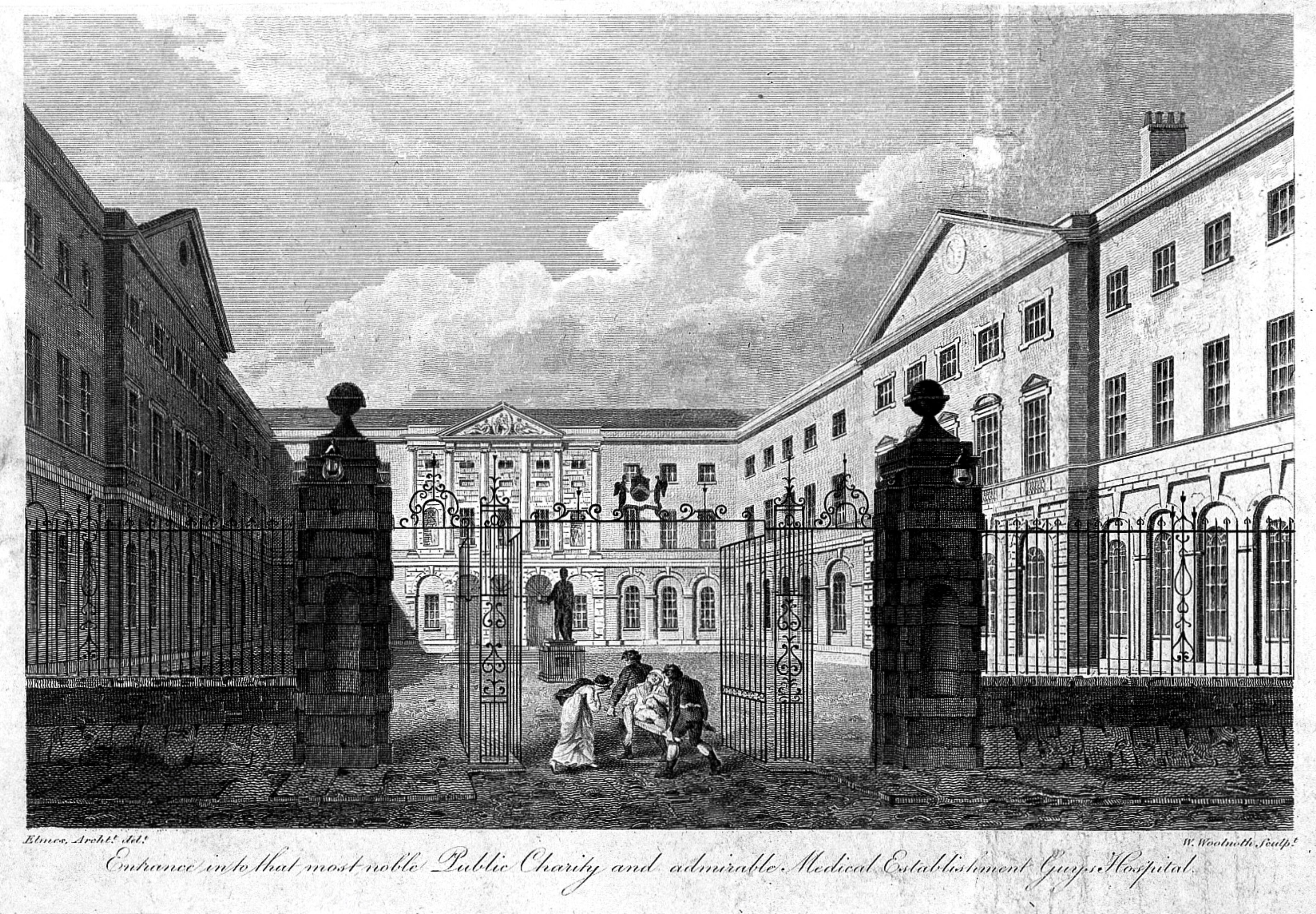 Guy's Hospital, Southwark: the entrance courtyard, with a patient being carried in on a stretcher. Engraving by W. Woolnoth, 1799, after J. Elmes.
