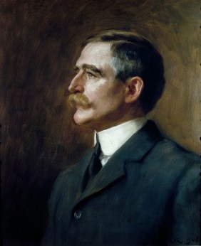 Henry Solomon Wellcome: head and shoulders. Oil painting by Hugh Goldwin Riviere, 1906.