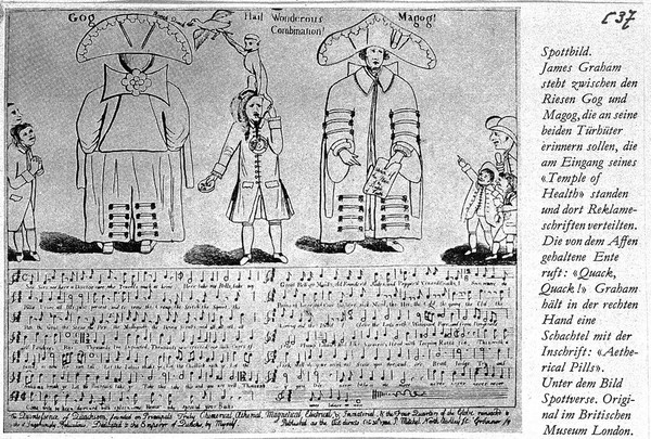 Caricature of J. Graham with Gog and Magog, P. Mitchel, 1780