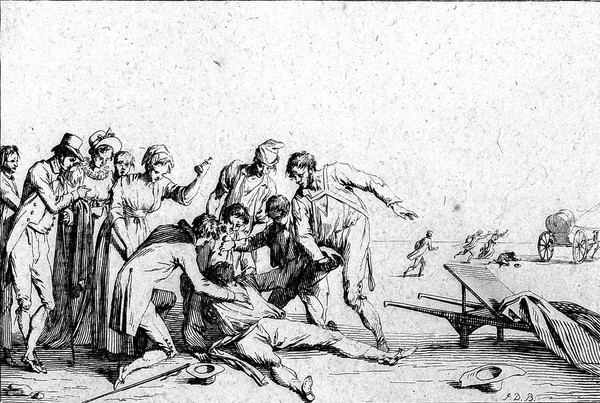 A group of people standing around a man having an epileptic fit. Etching by J. Duplessi-Bertaux.