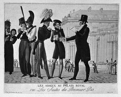 "Les Adieux au Palais-Royal". The doctor says goodbye to the Army and presents them with medicines to cure them of the diseases they have contracted during the war.